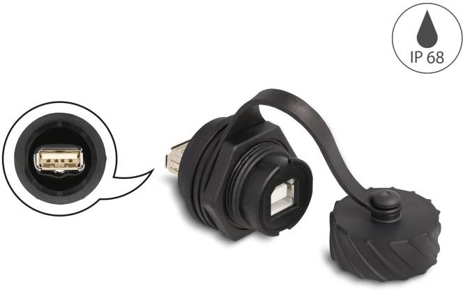 USB-Stecker mit Schutzkappe, Wasser- und staubdicht gemäß IP68. Detaillierte Ansicht des Anschlusses.