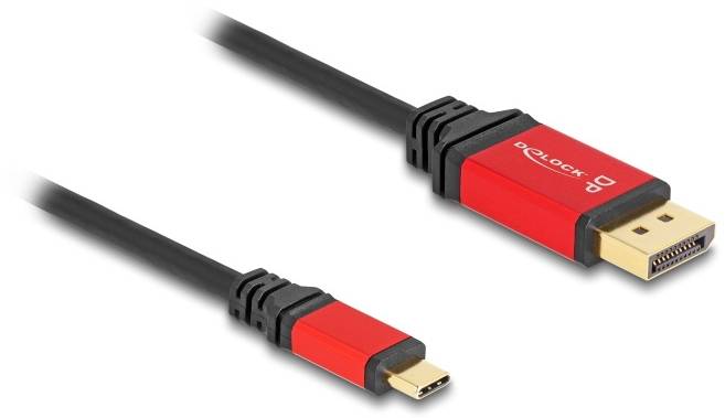 Ein rotes DisplayPort-zu-USB-C-Kabel mit schwarzen Enden. Links USB-C-Stecker, rechts DisplayPort-Stecker. Verwendet für Videoverbindungen.