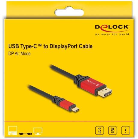 'USB Type-C zu DisplayPort Kabel, DP Alt Mode, Delock' steht auf gelber Verpackung mit zwei gezeigten Kabelanschlüssen. Unterstützt HDR10, 8K, 32-Bit.