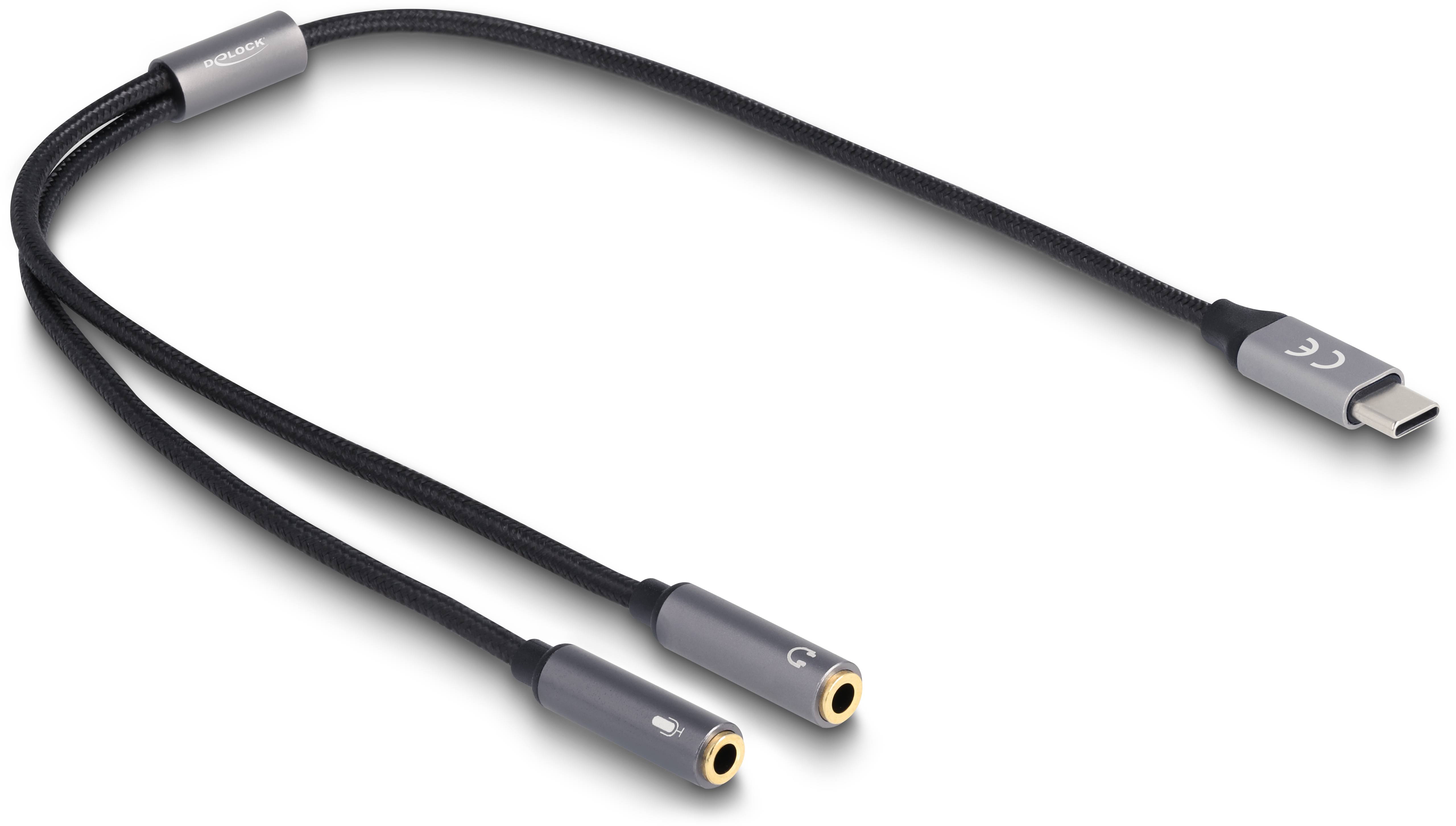 Ein USB-C-Audio-Adapterkabel mit zwei Kopfhöreranschlüssen, um ein Gerät mit zwei Audiogeräten gleichzeitig zu verbinden.