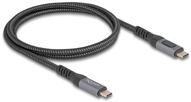 USB-C-Kabel mit geflochtenem Design, grauen Steckern und 'PD100W'-Aufschrift auf einem Stecker.