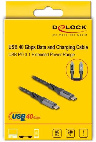 USB 40 Gbps Daten- und Ladekabel. USB PD 3.1. 240W, 1 Meter Länge. Unterstützt 8K 60Hz. Hersteller: DeLock.