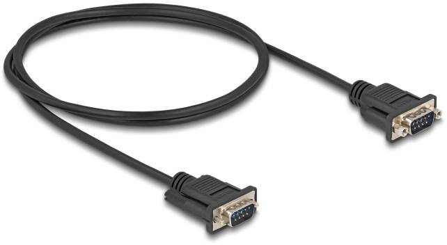 Schwarzes serielles DB9-Kabel mit männlichen Steckern an beiden Enden, verwendet zur Datenübertragung zwischen Computern und Geräten.