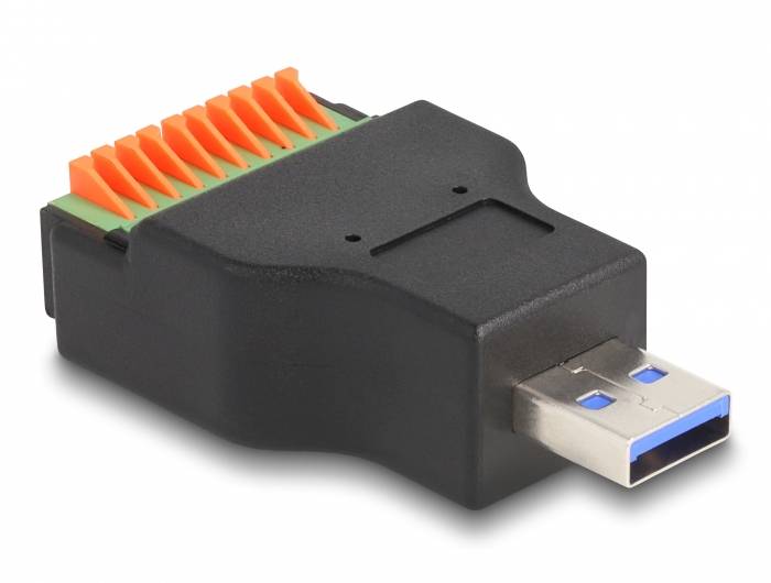 USB-zu-Terminalblock-Adapter mit schwarzem Gehäuse und orange-gelben Klemmanschlüssen. Zum Verbinden von Drähten mit USB-Geräten.