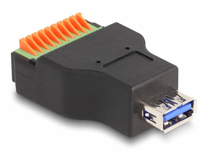 Ein schwarzer Adapter mit USB-Anschluss auf der einen Seite und orangefarbenen Anschlussklemmen auf der anderen, zum Verbinden mehrerer Kabel mit einem USB-Port.