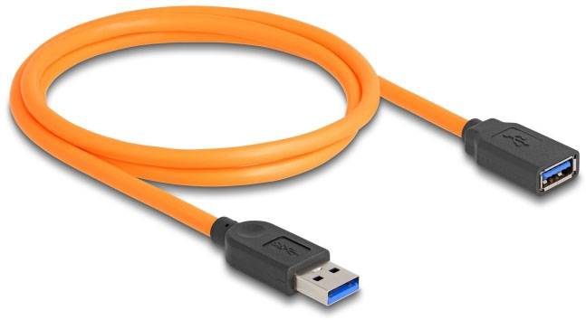 Ein orangefarbenes USB-Verlängerungskabel mit einem USB-A-Stecker auf der einen und einer USB-A-Buchse auf der anderen Seite.