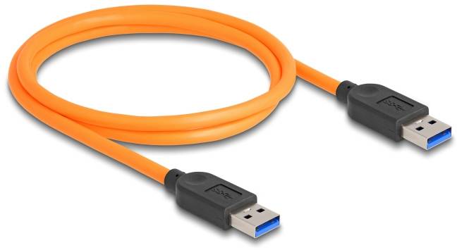 Oranges USB-Kabel mit zwei blauen USB-Steckern, geeignet zum Verbinden von Geräten für Datenübertragung und Laden.