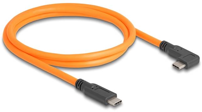 Ein orangefarbenes USB-C-Kabel, das sich für den Datentransfer und das Laden von Geräten eignet.