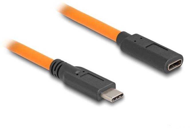 Ein orangefarbenes USB-C-Kabel mit männlichem und weiblichem Anschluss.