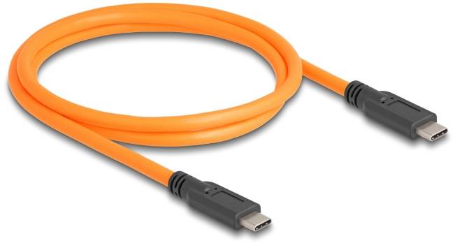 Orangefarbenes USB-C-Kabel mit beidseitigen Steckern.