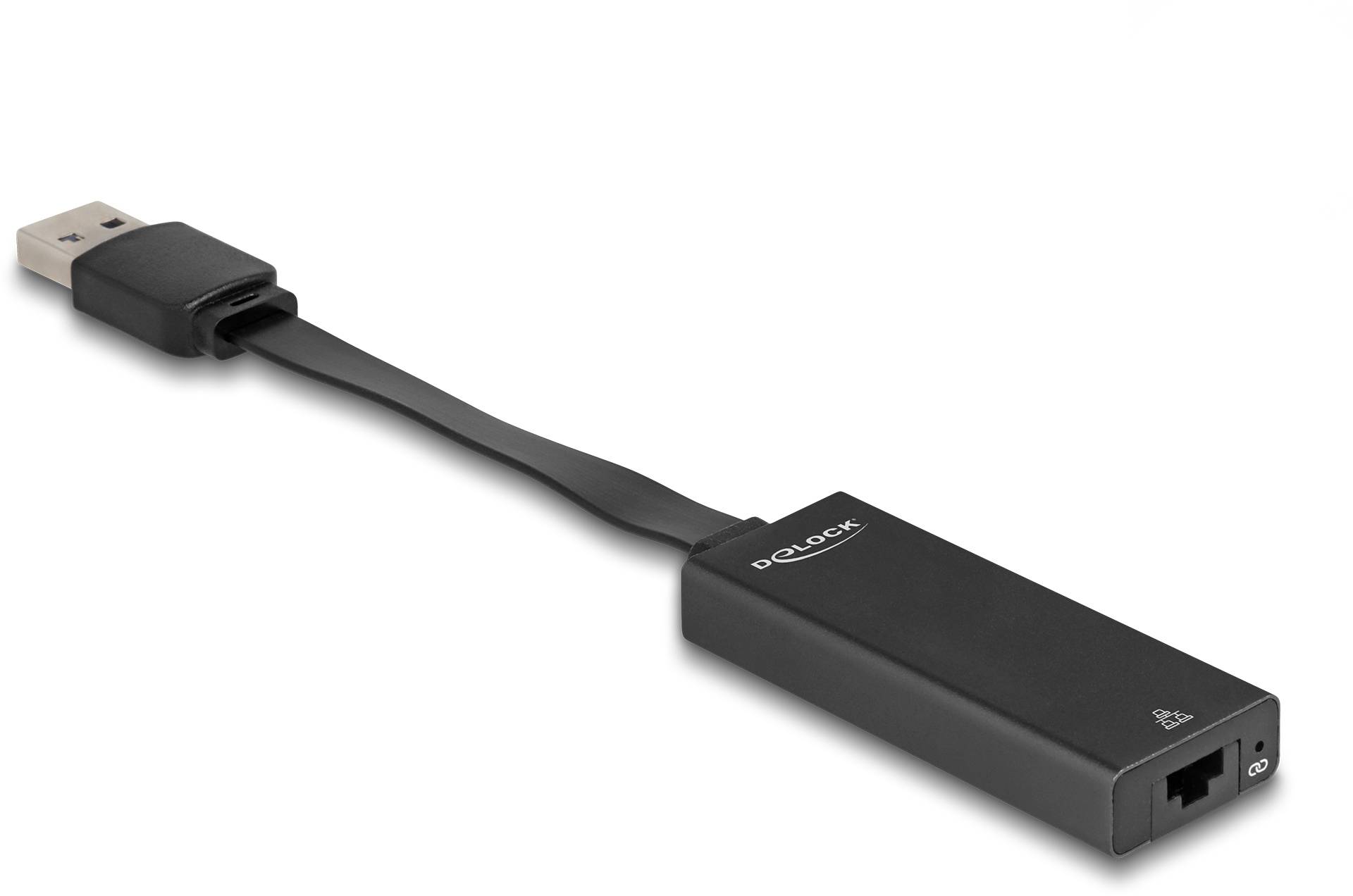 Ein schwarzer USB-Ethernet-Adapter mit einem flachen Kabel und RJ45-Anschluss, Markenname auf dem Gehäuse.