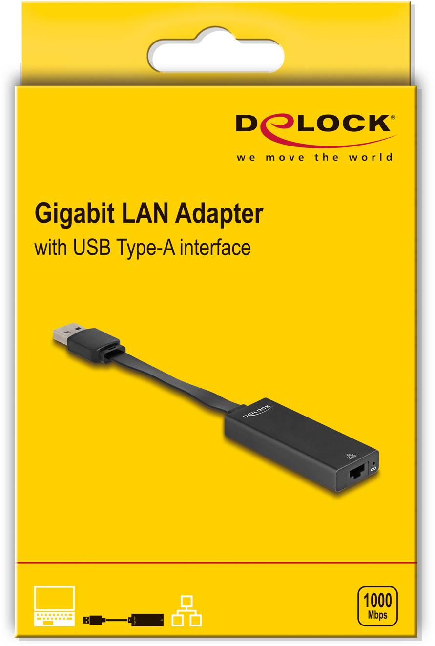 Gelbe Verpackung eines Gigabit LAN Adapters von Delock mit USB Type-A Anschluss, zeigt Adapterbild und Geschwindigkeit von 1000 Mbps.