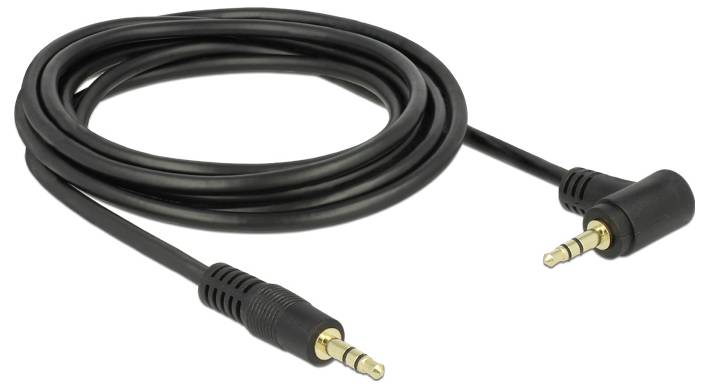 Ein schwarzes Audiokabel mit 3,5-mm-Steckern an beiden Enden, eines ist abgewinkelt. Es dient zum Anschluss von Audiogeräten.
