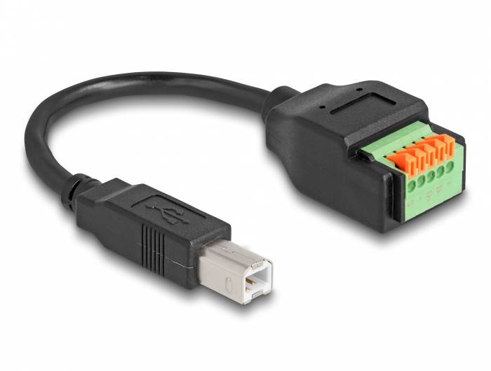 Ein USB-Adapterkabel mit einem rechteckigen Stecker am einen Ende und einem mehrfarbigen Klemmenanschluss am anderen Ende.