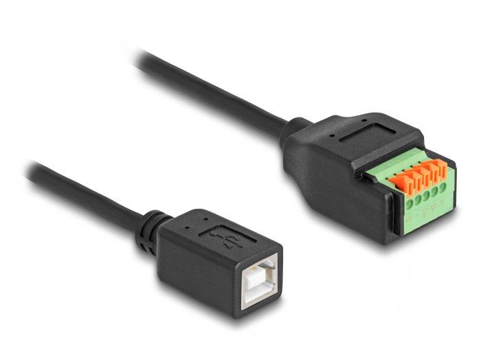 Zwei schwarze Kabel, eines mit USB-B-Stecker und das andere mit grünem Terminalblock-Anschluss mit orangenen Kontakten, nebeneinander.