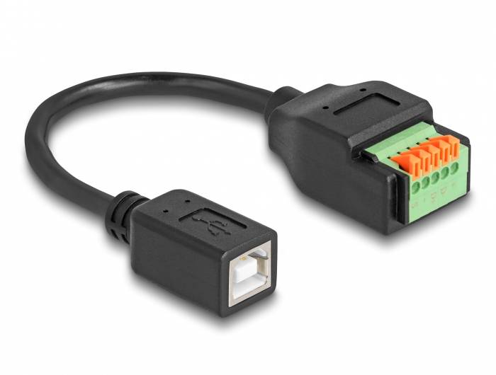 Ein USB-Adapterkabel mit einem USB-B-Stecker und einem grünen 5-Pin-Steckerblock am anderen Ende zur Verbindung von Geräten.