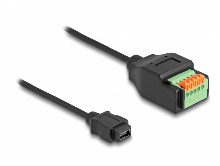 Ein USB-Mikrobuchse-Kabel ist mit einem grünen und orangefarbenen Steckverbinder verbunden, der für elektrische Anschlüsse verwendet wird.