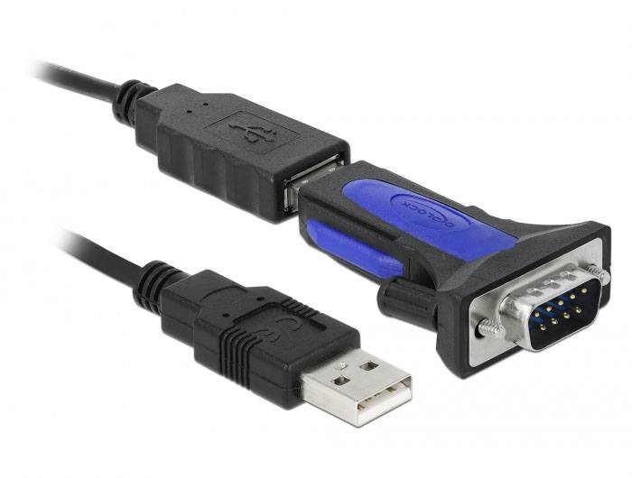 'USB zu Seriell' Adapterkabel: Links USB-Stecker, rechts serieller RS-232-Stecker, ermöglicht Verbindung zwischen Geräten unterschiedlicher Schnittstellen.