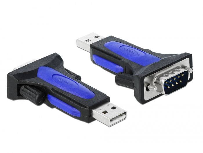 Zwei Adapter: USB auf seriellen RS232-Anschluss, schwarz und blau, auf weißem Hintergrund.