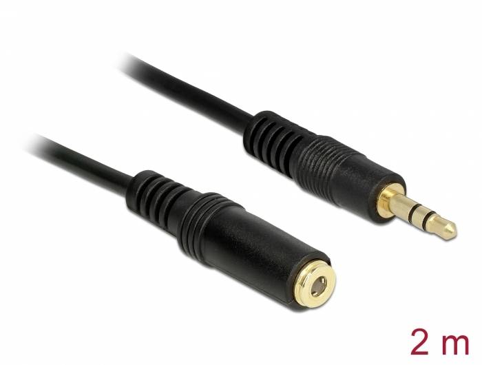 Zwei-Klinkenkabel: links Buchse, rechts Stecker, 2 Meter Länge. Schwarze Kabel mit goldfarbenen Anschlüssen.