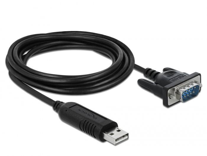 USB-zu-RS232-Adapterkabel mit schwarzer Ummantelung. Links: USB-A-Stecker; rechts: RS232-Stecker mit blauen und silbernen Kontakten.