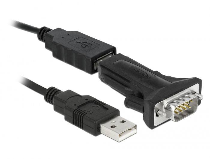 USB-zu-Seriell-Adapter, zeigt einen USB-Stecker auf der linken Seite, verbunden mit einem seriellen DB9-Stecker auf der rechten Seite.