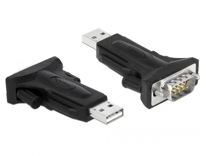 Zwei schwarze Adapter, einer mit USB- und einer mit seriellen Anschlüssen, liegen auf weißem Hintergrund.