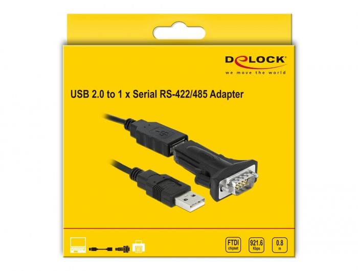 'USB 2.0 zu 1 x Seriell RS-422/485 Adapter' auf gelber Verpackung. Enthält Bilder von USB- und seriellen Anschlüssen. Markenname oben rechts.