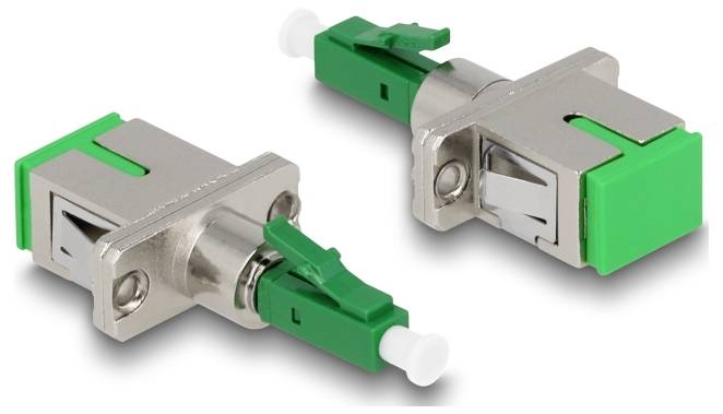 Zwei LWL-LC-Adapter mit grünem Hebel und Metallgehäuse, geeignet für optische Verbindungen.