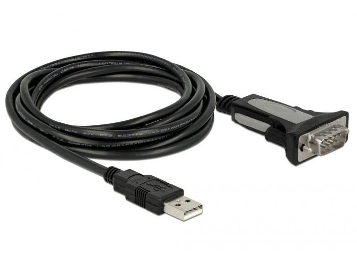 USB-zu-RS232-Kabel mit schwarzem Stecker, gewickelt, geeignet für die Verbindung von Geräten mit unterschiedlicher Schnittstelle.