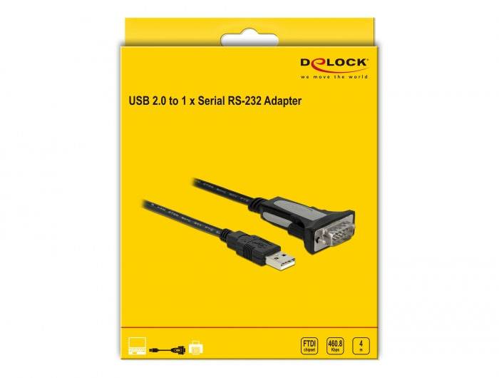 USB 2.0 zu 1 x Seriell RS-232 Adapter auf gelbem Hintergrund. Oben Logo 'Delock' und Text 'we move the world'.
