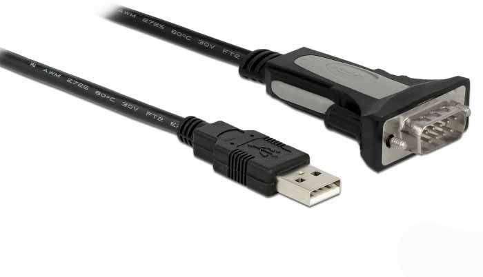 Ein USB-zu-Seriell-Adapterkabel. Links ist der USB-Stecker, rechts der serielle Anschlussstecker.