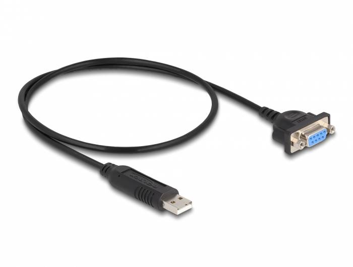 Schwarzes USB-zu-Seriell-Kabel mit USB-Stecker auf der linken Seite und einem neunpinnigen DE-9-Stecker auf der rechten Seite.