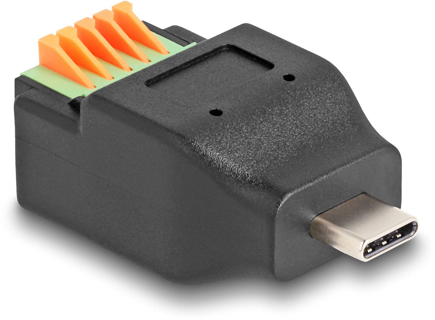 'Adapter USB-C auf Klemmleiste', schwarzes Gehäuse mit USB-C-Stecker rechts, mehrfarbige Klemmen oben für elektrische Verbindungen.