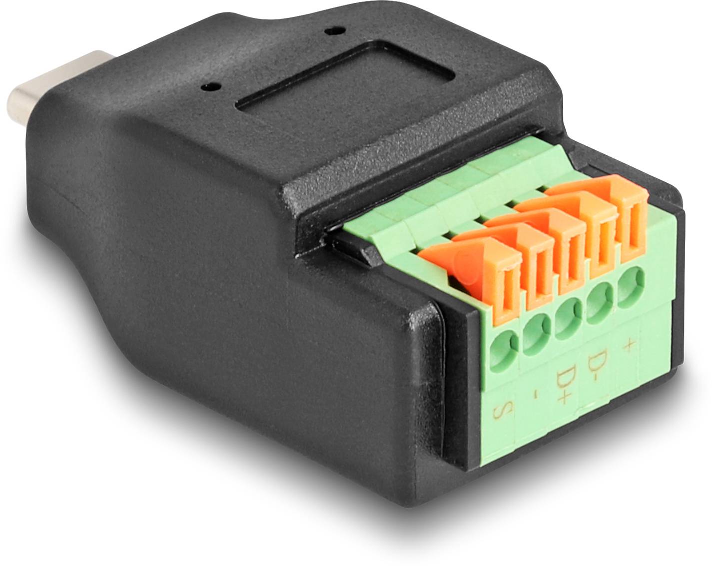 Schwarzer USB-C-Steckeradapter mit grünen und orangefarbenen Schraubklemmen für den Anschluss von Drähten. Geeignet für DIY-Projekte.