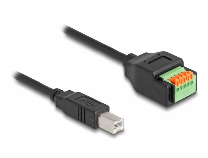 Ein schwarz ummanteltes Kabel mit einem USB-Stecker auf der linken Seite und einem mehrfarbigen Anschlussblock auf der rechten Seite.