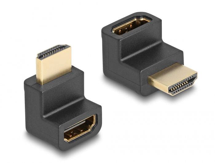 Zwei schwarze HDMI-Winkeladapter mit goldenen Anschlüssen, geeignet zur Verbindung von HDMI-Kabeln in engen oder schwer zugänglichen Bereichen.