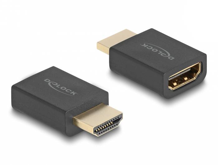 Zwei schwarze HDMI-Adapter: einer zeigt den HDMI-Stecker, der andere die HDMI-Buchse. Markenlogo 'Delock' auf beiden Adaptern.