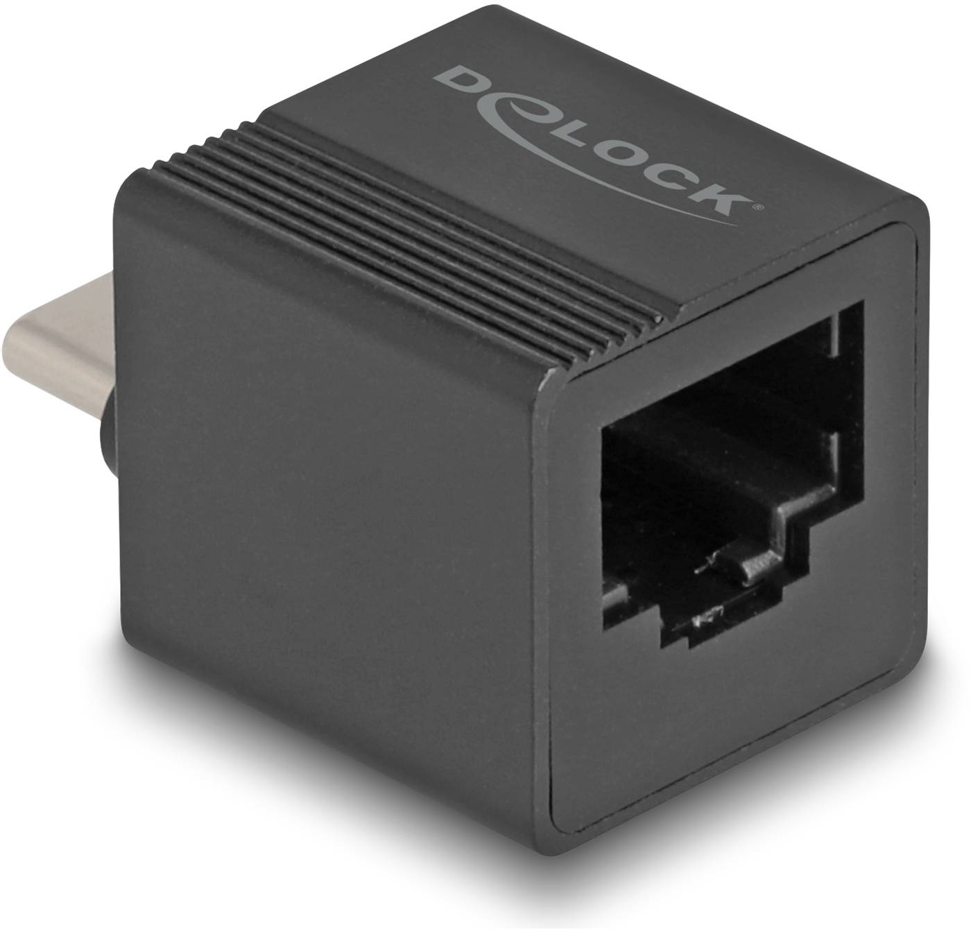Schwarzer RJ45-Netzwerkadapter mit USB-C-Stecker, geeignet zum Verbinden von Netzwerkkabeln mit USB-C-Geräten.