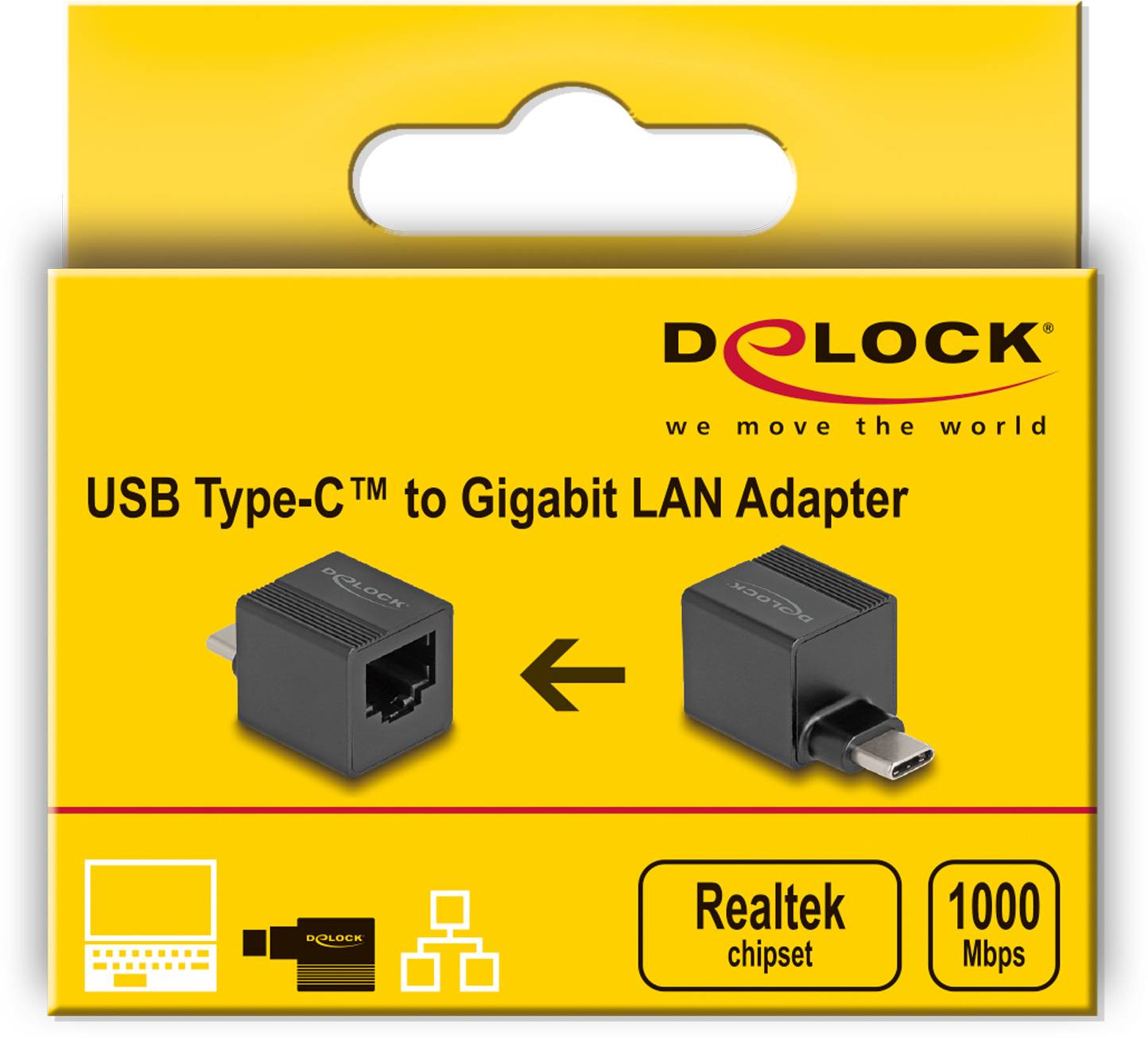 'USB Type-C™ to Gigabit LAN Adapter' von Delock auf gelber Verpackung. Bild zeigt Adapter mit Anschlüssen. Unterstützt 1000 Mbps.