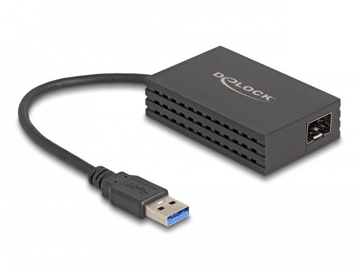 Ein schwarzer USB-Ethernet-Adapter mit USB 3.0-Anschluss und Ethernet-Port zeigt die Marke 'Delock' auf der Oberseite.