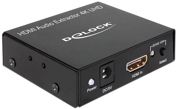 'HDMI Audio Extractor 4K UHD' von DeLOCK, schwarzes Gerät mit Anschlüssen für HDMI, Stromversorgung und Audioausgang.