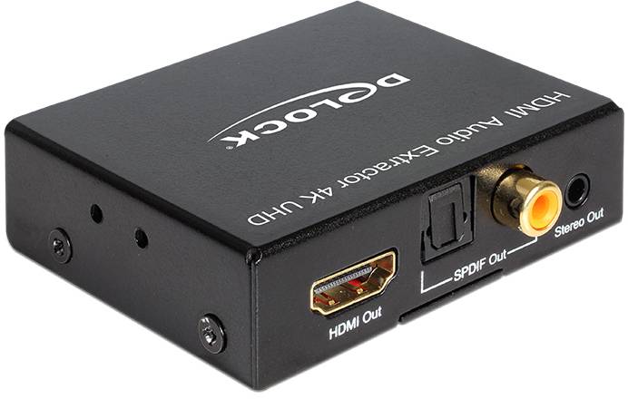 'DeLock HDMI Audio Extractor 4K UHD' auf schwarzem Gehäuse, Anschlüsse für HDMI, SPDIF, und Stereo Out sichtbar.