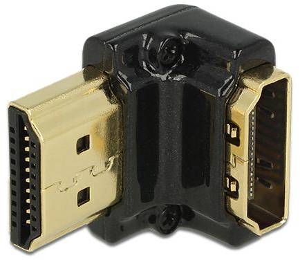 Ein schwarzer HDMI-Winkeladapter mit zwei goldenen Anschlüssen, zeigt die Möglichkeit, HDMI-Kabel in begrenzten Räumen zu verbinden.