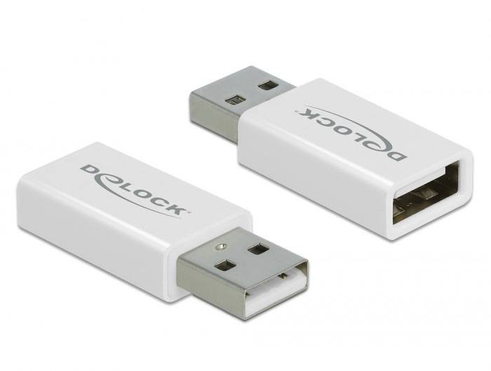 Zwei weiße USB-Adapter der Marke Delock. Einer zeigt den USB-Stecker, der andere die USB-Buchse. Beide liegen auf einer weißen Fläche.