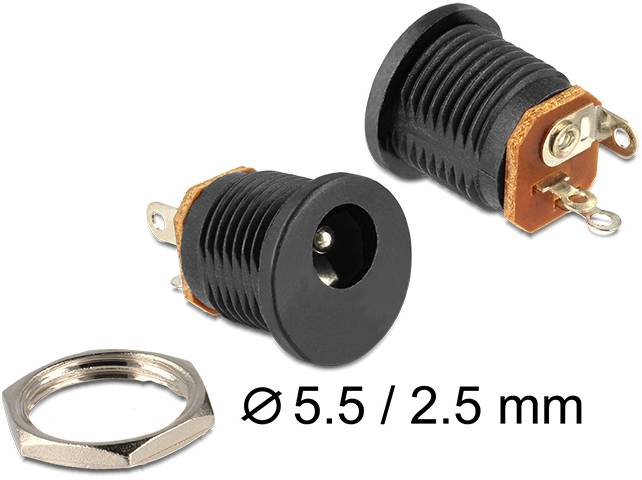 Zwei schwarze DC-Buchsen mit einem Außendurchmesser von 5,5 mm und einem Innendurchmesser von 2,5 mm, neben einer Sechskantmutter.