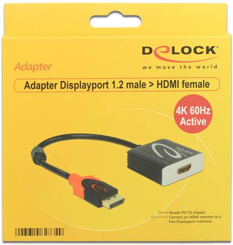 Verpackung für einen Delock-Adapter von DisplayPort 1.2 male zu HDMI female, 4K 60Hz, aktiv. Produktbild mit Kabel und Text.