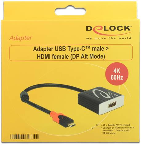 'Delock Adapter USB Type-C male zu HDMI female (DP Alt Mode), 4K 60Hz' auf gelber Verpackung. Adapter und Kabelabbildung darauf.
