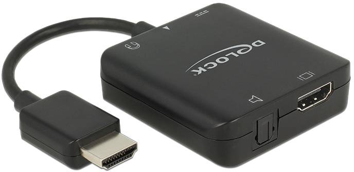 Schwarzer Adapter mit HDMI-Stecker zu einem Gehäuse mit mehreren Anschlüssen. Aufschrift 'DELOCK' auf dem Gehäuse sichtbar.