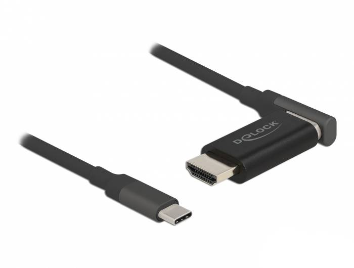 USB-C-zu-HDMI-Kabel mit markierter 90-Grad-Biegung am HDMI-Anschluss, ideal für platzsparende Multimedia-Setups.